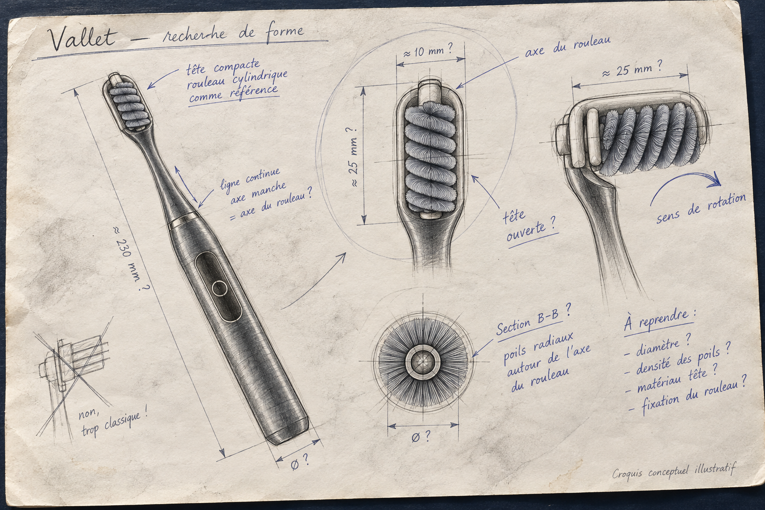 Croquis conceptuel Vallet au crayon et au stylo bleu : silhouette, tête et coupe du rouleau